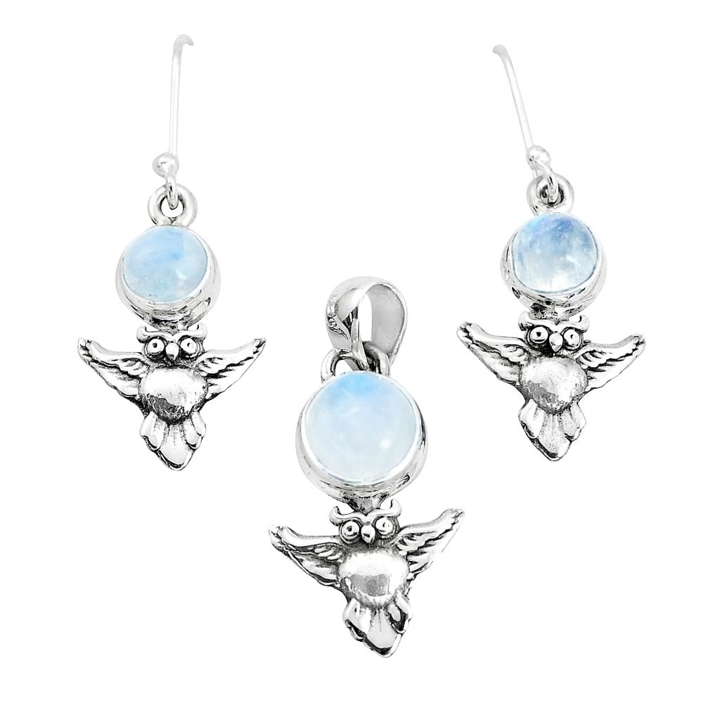 6.73cts natural rainbow moonstone 925 silver owl pendant earrings set p38606