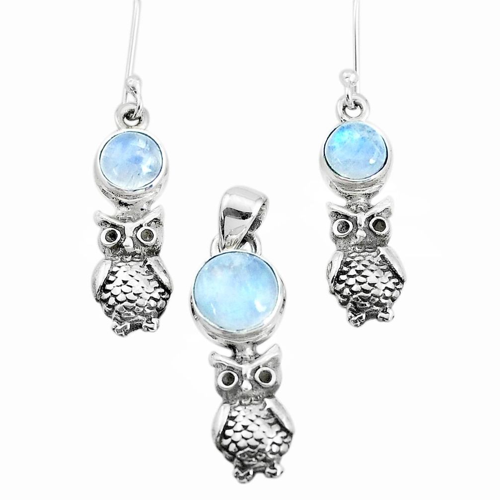 6.31cts natural rainbow moonstone 925 silver owl pendant earrings set p38637