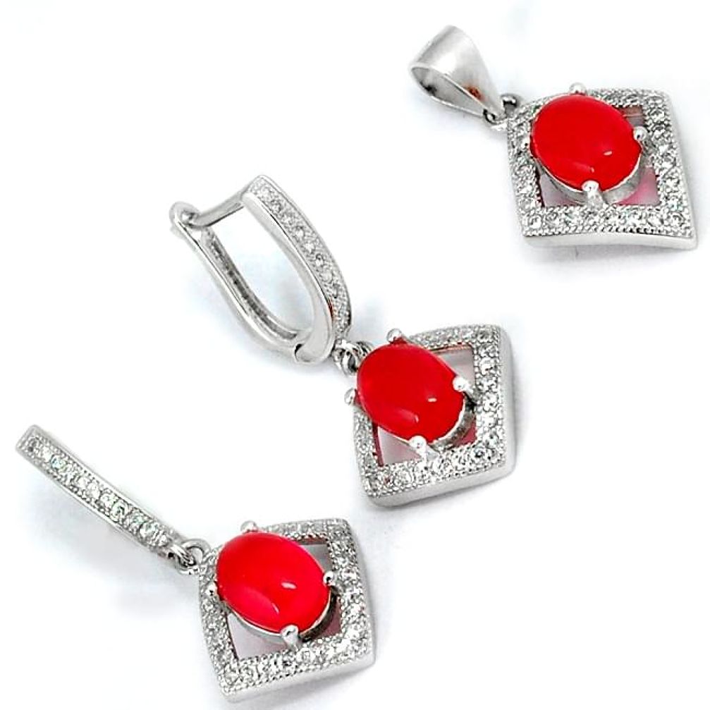 NATURAL RED ONYX WHITE TOPAZ 925 STERLING SILVER PENDANT EARRINGS SET H29506