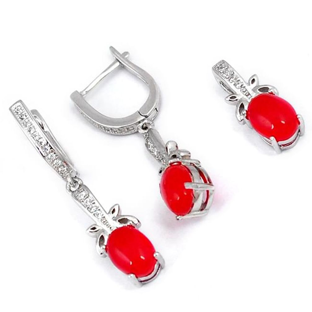 NATURAL RED ONYX WHITE TOPAZ 925 STERLING SILVER PENDANT EARRINGS SET H29519