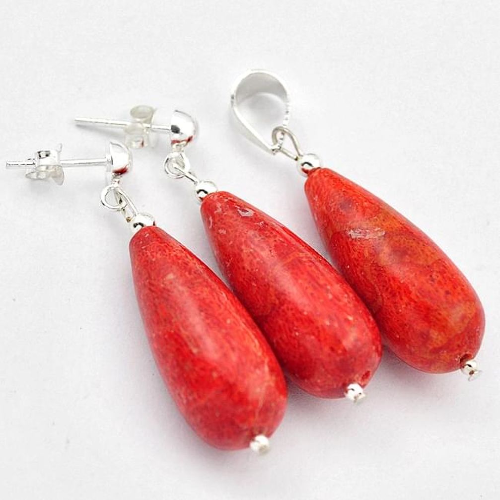 Natural red sponge coral 925 sterling silver drop pendant earrings set h54123