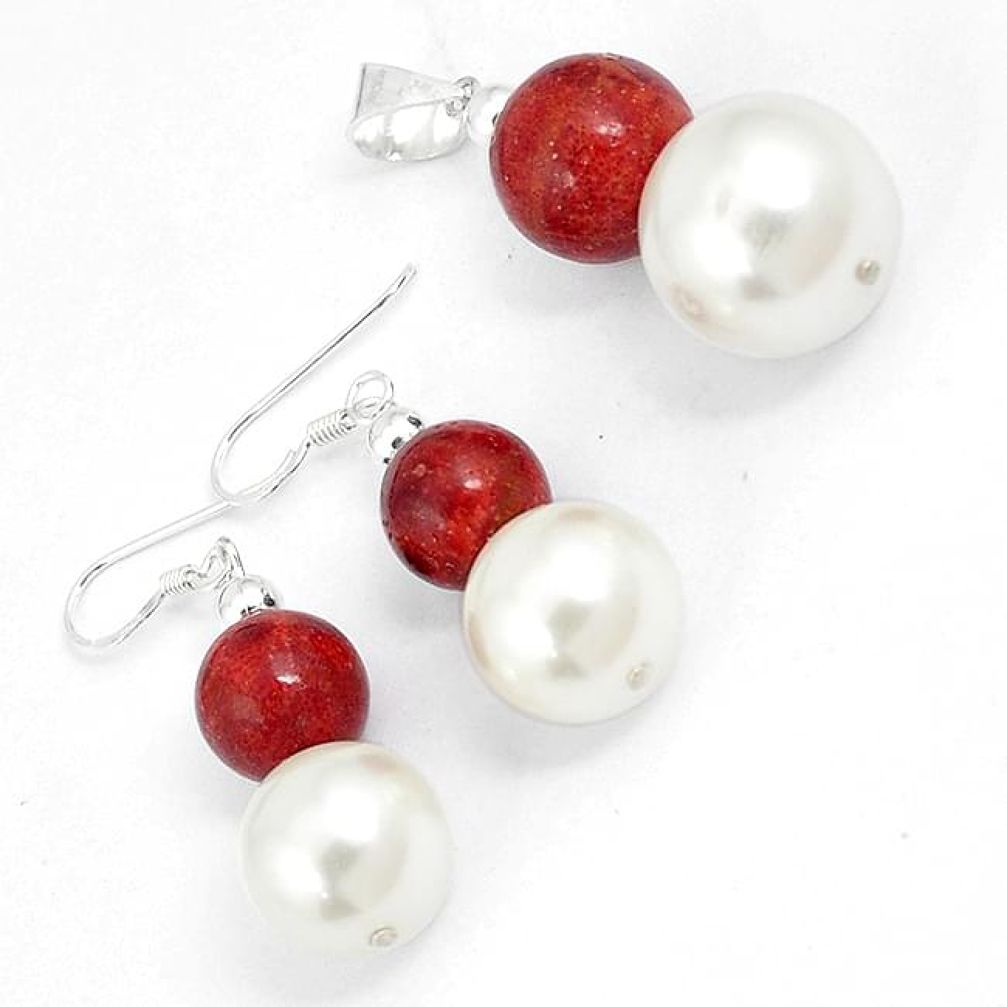 Natural red sponge coral pearl 925 sterling silver pendant earrings set h46119