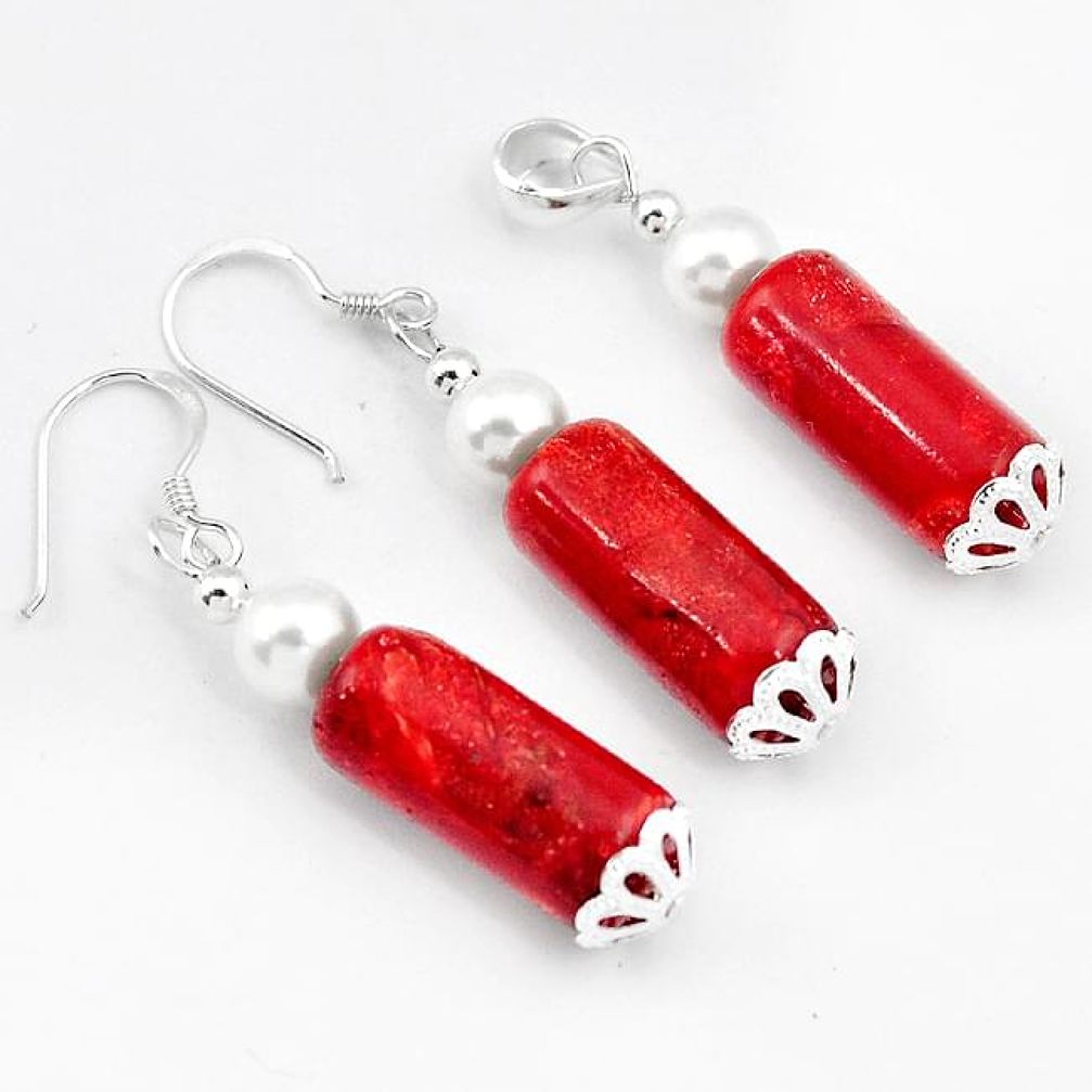 Natural red sponge coral pearl 925 sterling silver pendant earrings set h54133