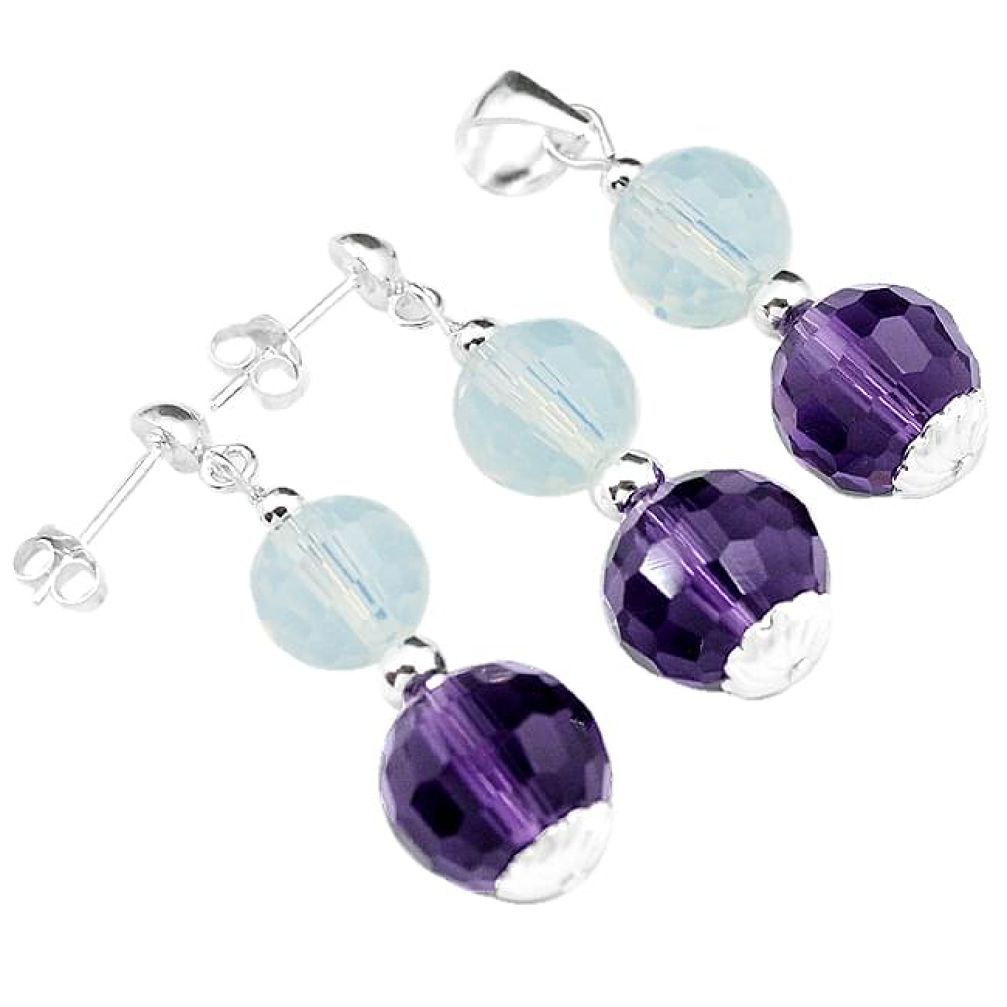 NATURAL WHITE OPALITE AMETHYST 925 SILVER PENDANT EARRINGS SET JEWELRY H29865