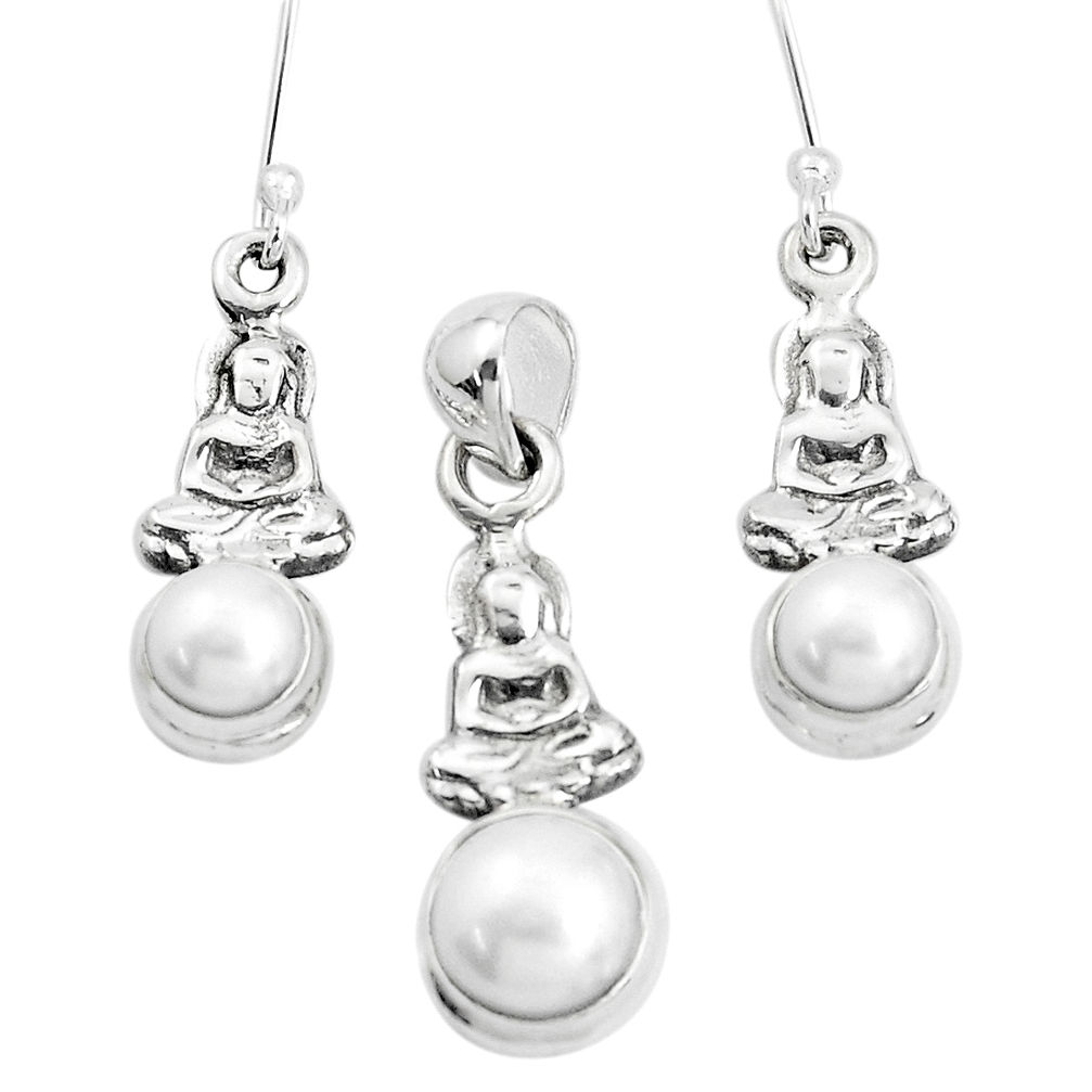 6.26cts natural white pearl 925 silver buddha charm pendant earrings set p38581