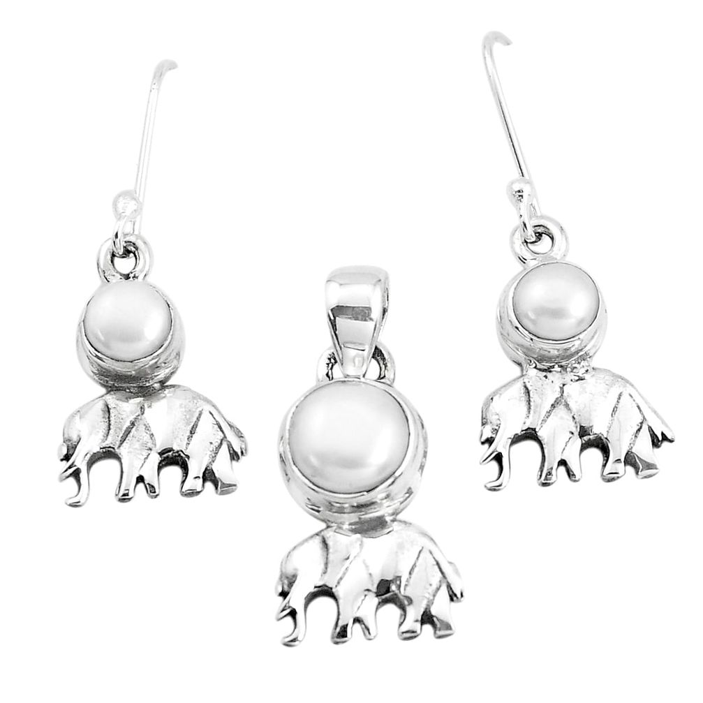 4.82cts natural white pearl 925 silver elephant pendant earrings set p38509