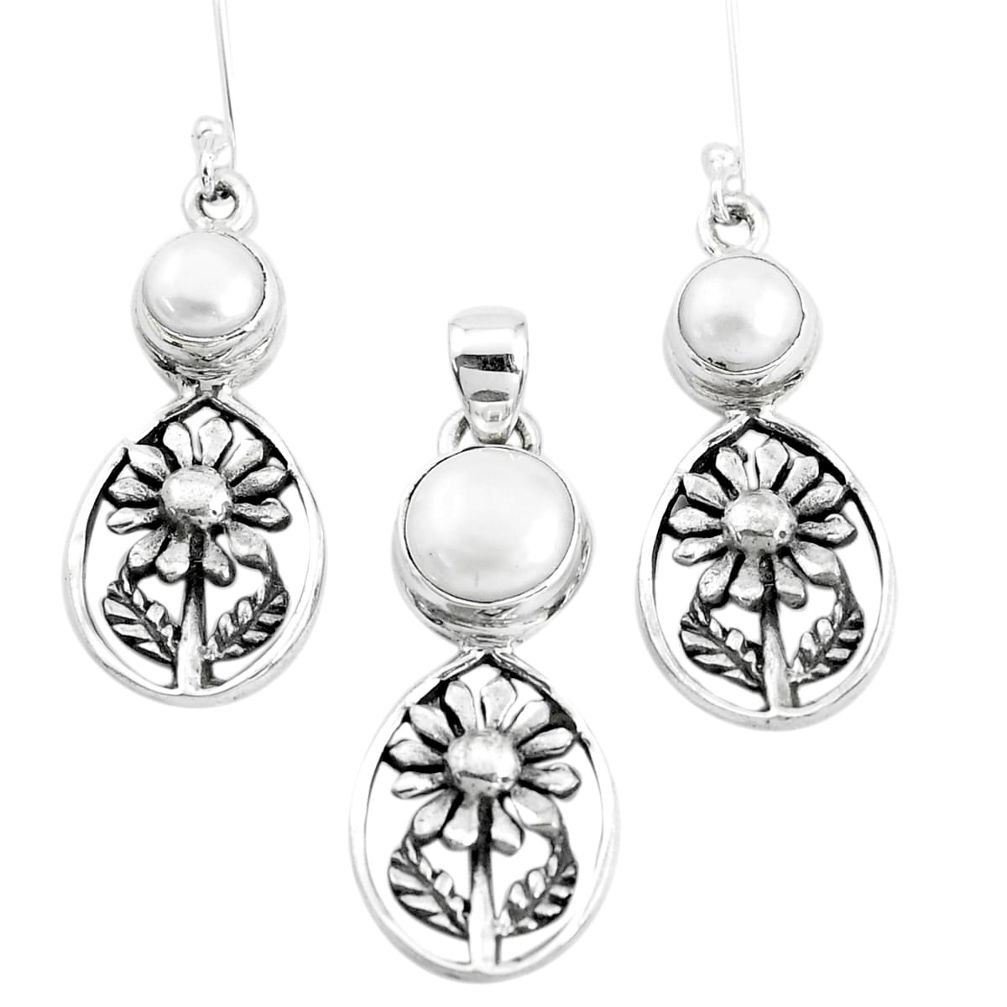 6.90cts natural white pearl 925 silver flower pendant earrings set p38628