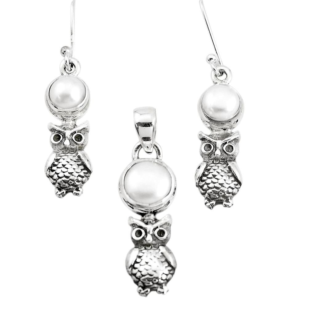 6.29cts natural white pearl 925 sterling silver owl pendant earrings set p38640