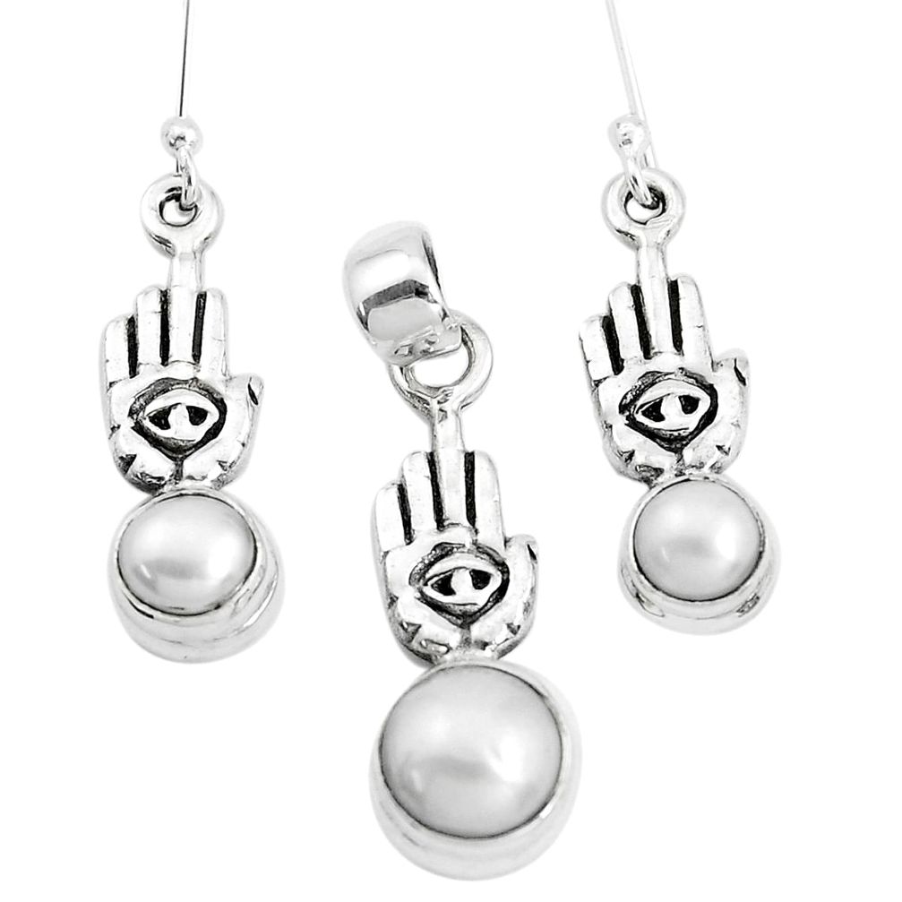 5.98cts natural white pearl silver hand of god hamsa pendant earrings set p38553