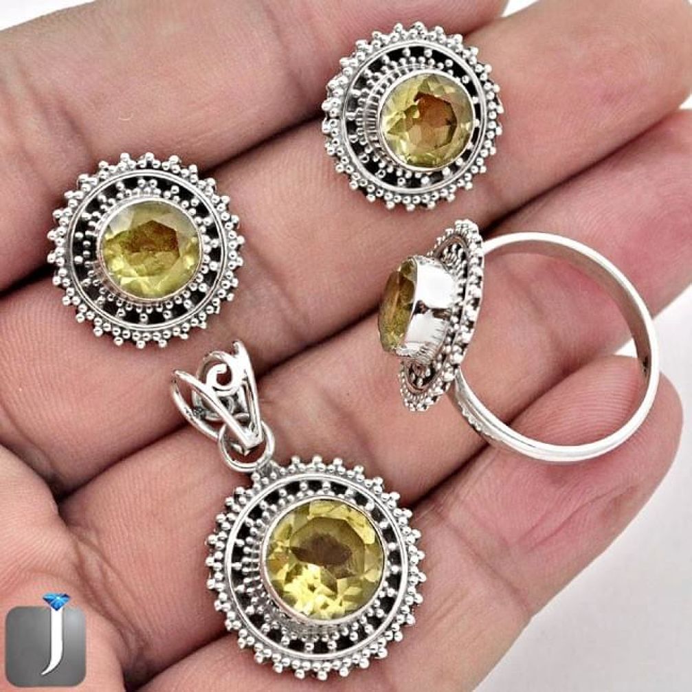 16.09cts NATURAL YELLOW CITRINE 925 SILVER PENDANT RING EARRINGS SET F36852