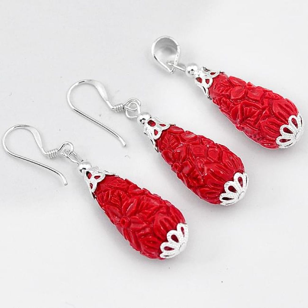 RADICAL RED CORAL 925 STERLING SILVER PENDANT EARRINGS SET JEWELRY H41877