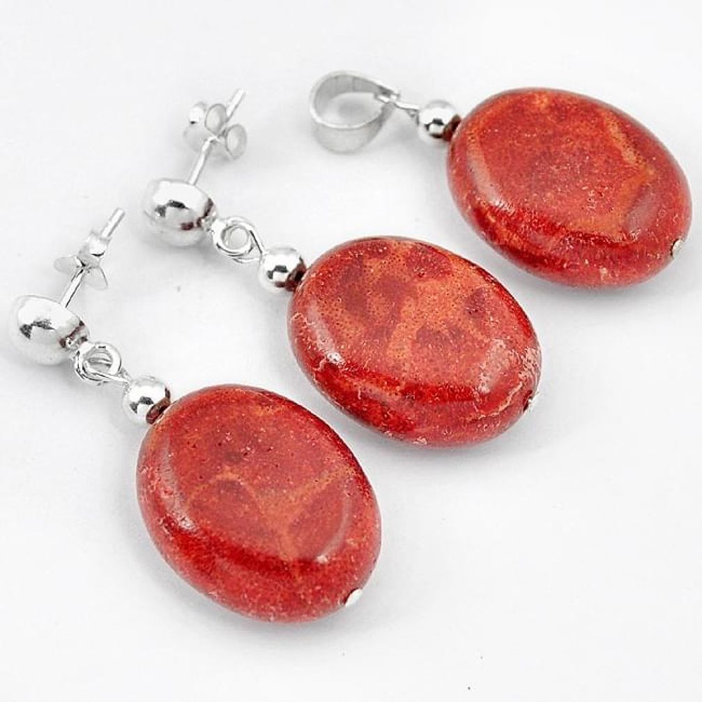RARE BIG! RED SPONGE CORAL OVAL 925 STERLING SILVER PENDANT EARRINGS SET H41869