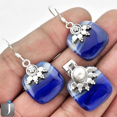 39.39cts RARE NATURAL BLUE BOTSWANA AGATE 925 SILVER PENDANT EARRINGS SET F36650