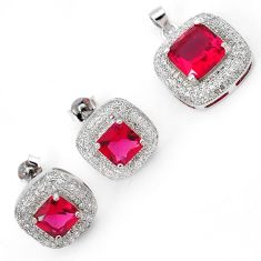 RED RUBY QUARTZ WHITE TOPAZ 925 STERLING SILVER PENDANT EARRINGS SET H7853
