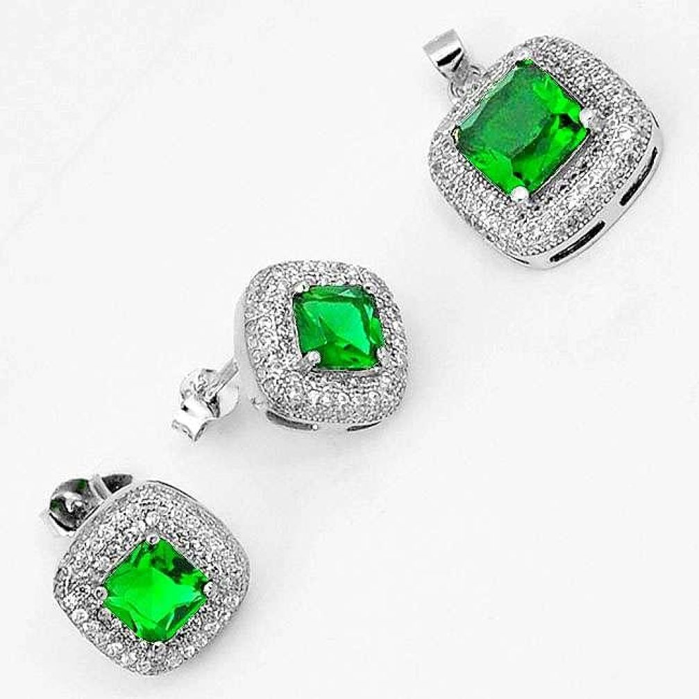 SUPERB GREEN RUSSIAN NANO EMERALD TOPAZ 925 SILVER PENDANT EARRINGS SET H13903