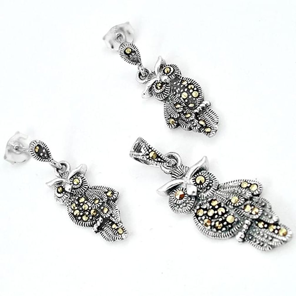 SWISS FINE MARCASITE 925 STERLING SILVER OWL PENDANT EARRINGS SET JEWELRY H7803