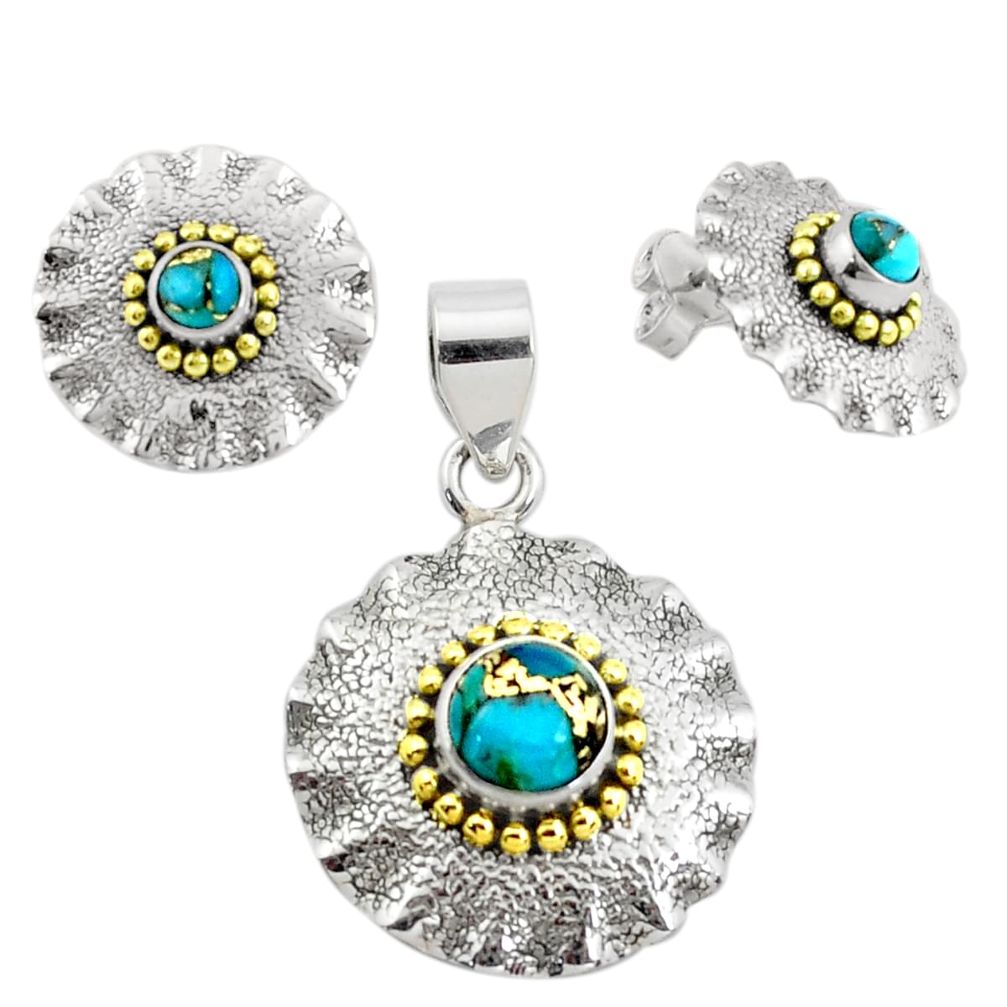 Victorian blue copper turquoise 925 silver two tone pendant earrings set p44588