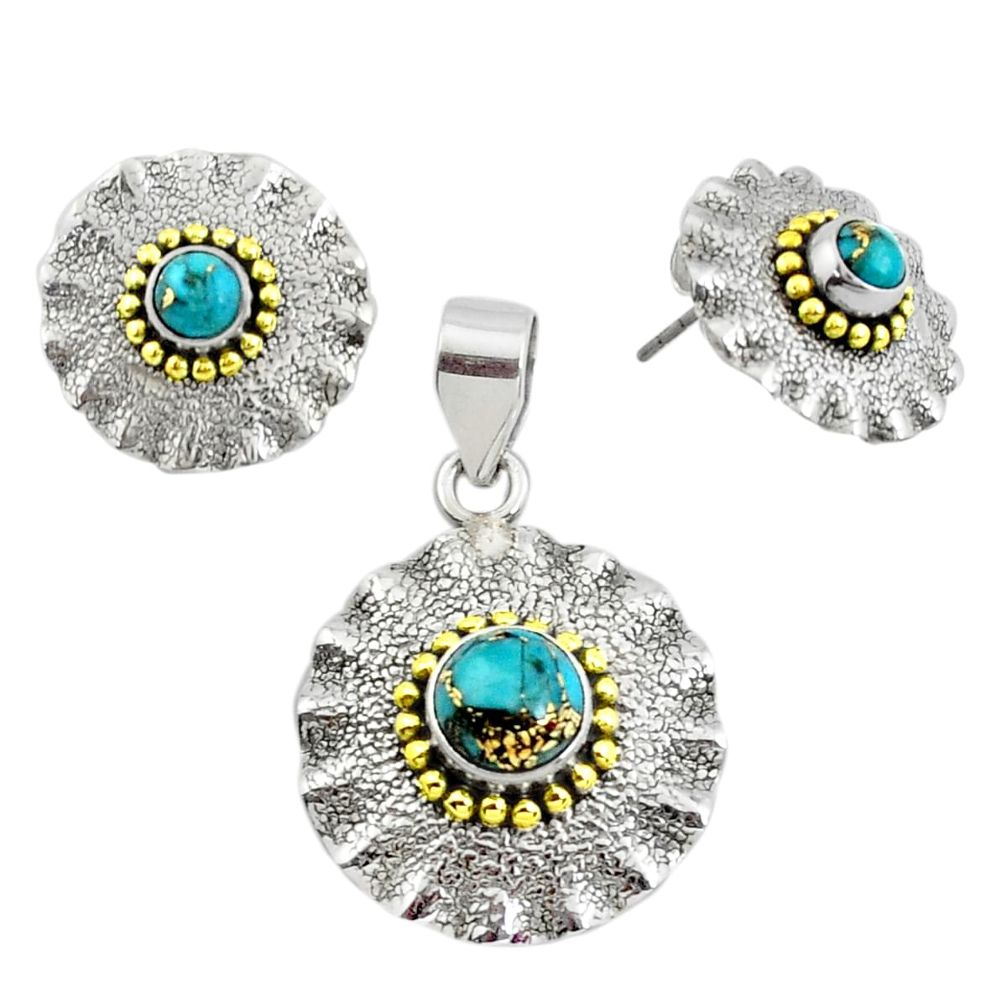 Victorian blue copper turquoise 925 silver two tone pendant earrings set p44590