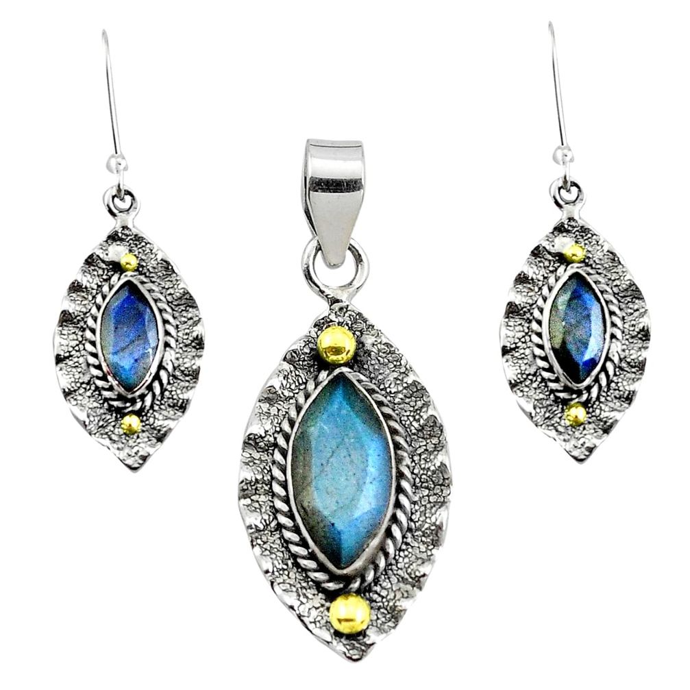 Victorian natural blue labradorite silver two tone pendant earrings set p44600