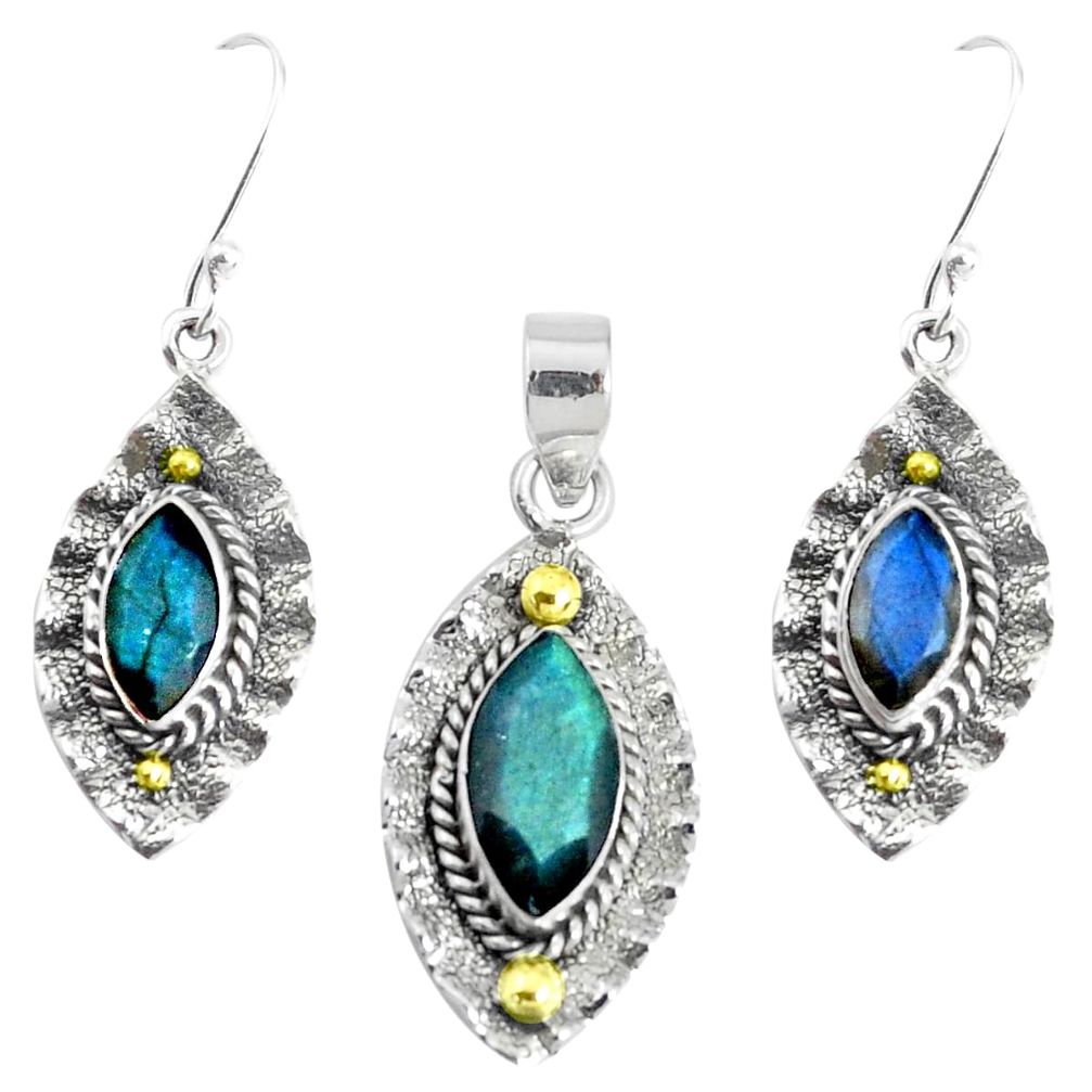 Victorian natural blue labradorite silver two tone pendant earrings set p44615