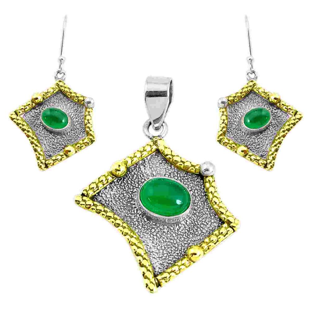 Victorian natural green chalcedony silver two tone pendant earrings set p44686