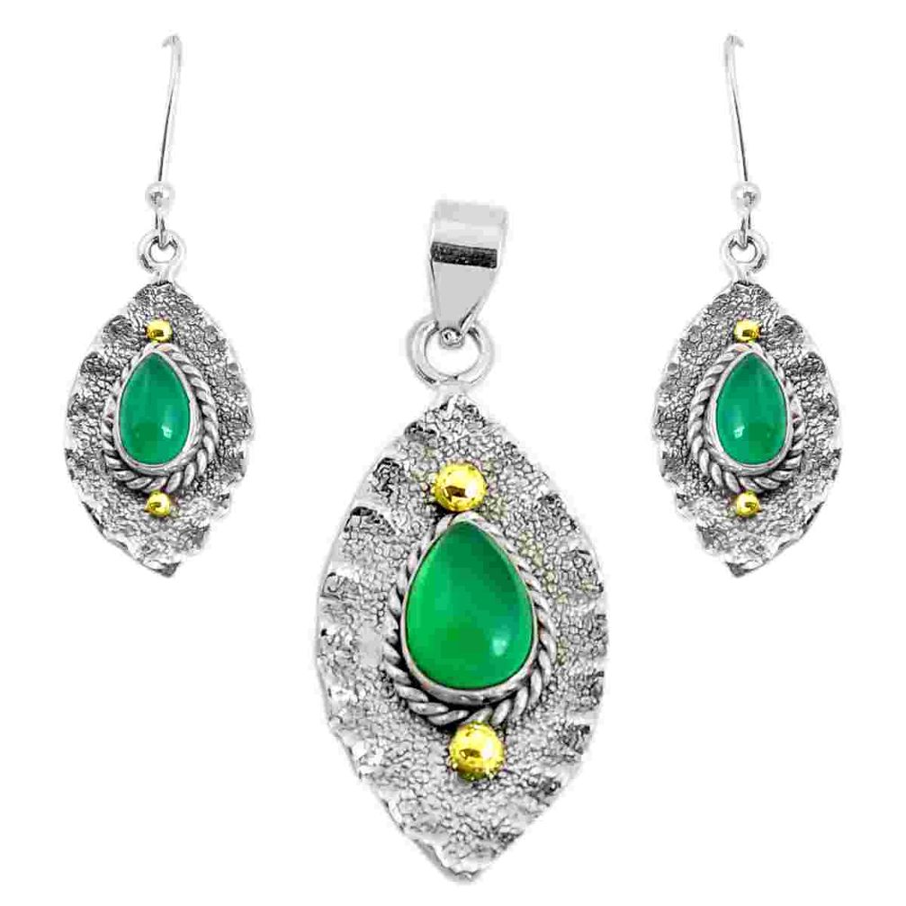 Victorian natural green chalcedony silver two tone pendant earrings set p44706