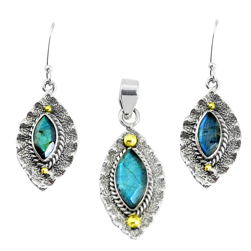 Victorian natural labradorite 925 silver two tone pendant earrings set p44616