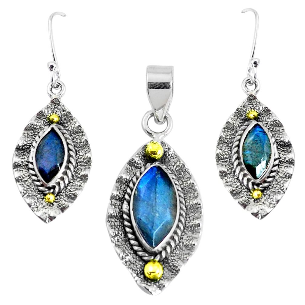 Victorian natural labradorite 925 silver two tone pendant earrings set p44617