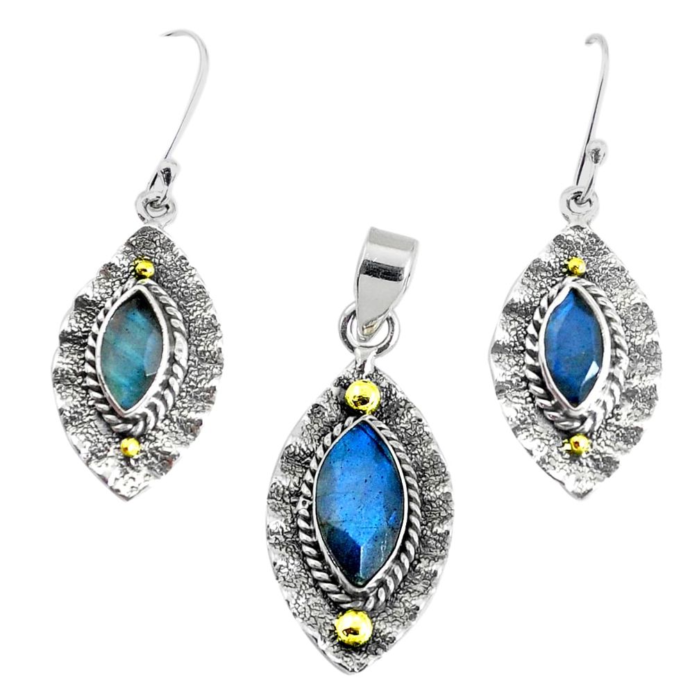 Victorian natural labradorite 925 silver two tone pendant earrings set p44619