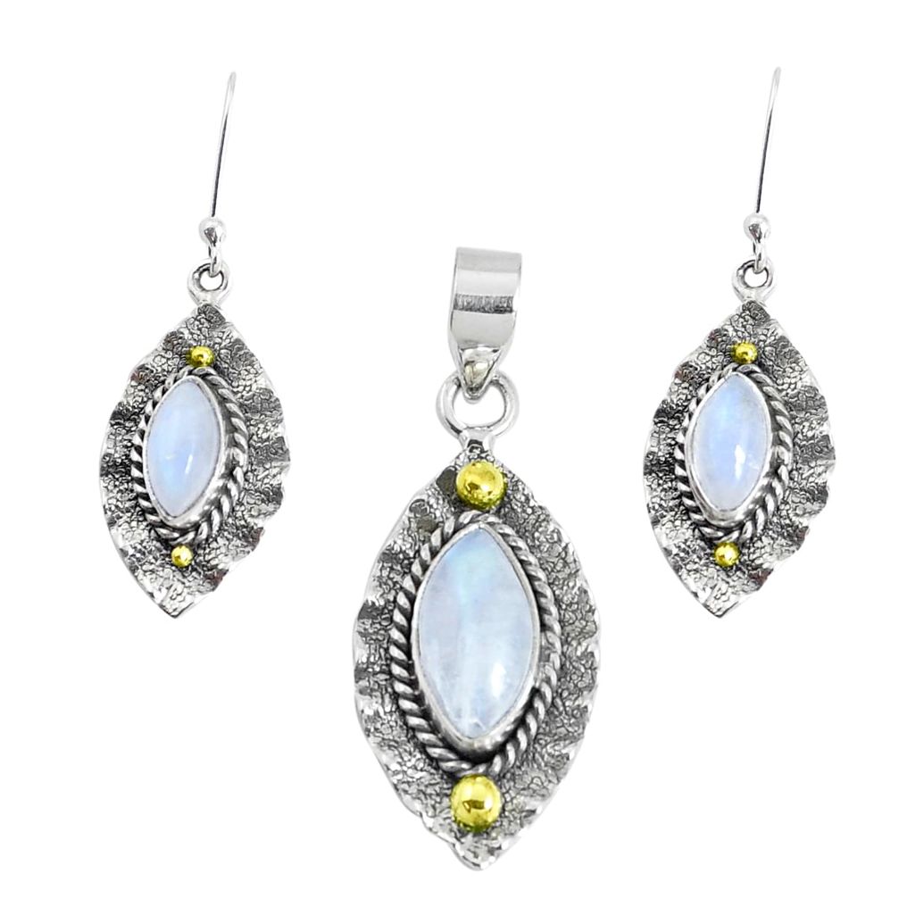 Victorian natural moonstone 925 silver two tone pendant earrings set p44607