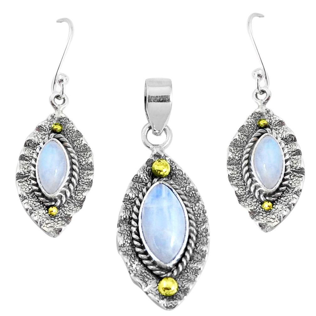 Victorian natural moonstone 925 silver two tone pendant earrings set p44609