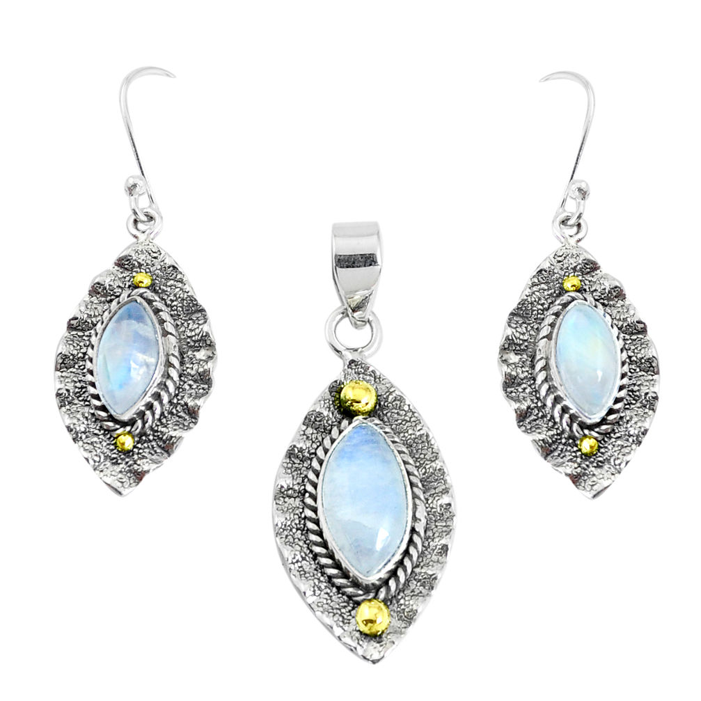 Victorian natural moonstone 925 silver two tone pendant earrings set p44611