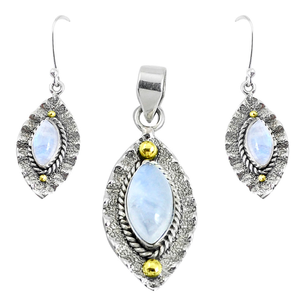 Victorian natural moonstone 925 silver two tone pendant earrings set p44613