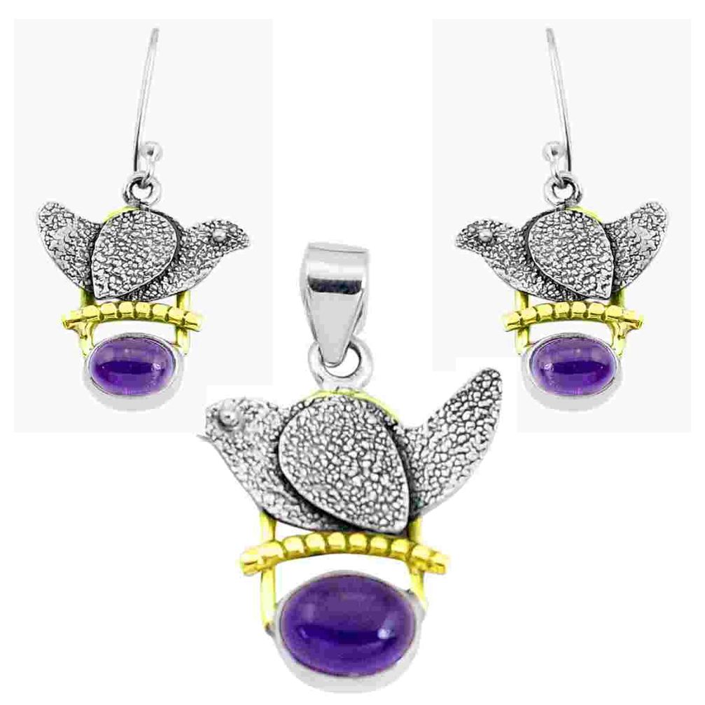 Victorian natural purple amethyst silver two tone pendant earrings set p44647