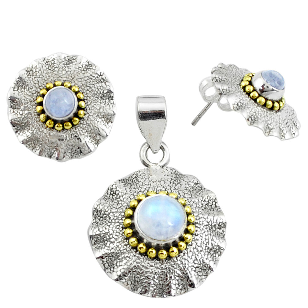 Victorian natural rainbow moonstone silver two tone pendant earrings set p44596