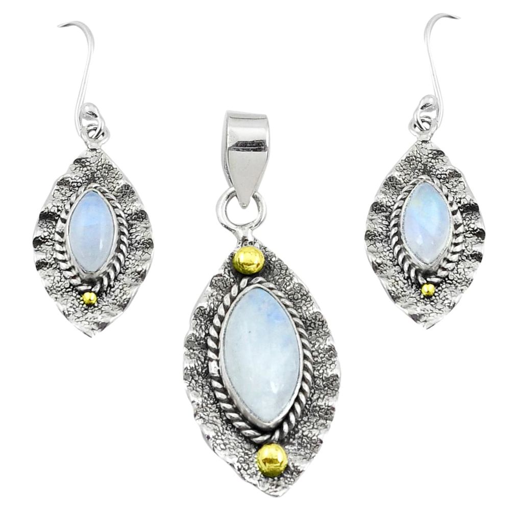 Victorian natural rainbow moonstone silver two tone pendant earrings set p44598