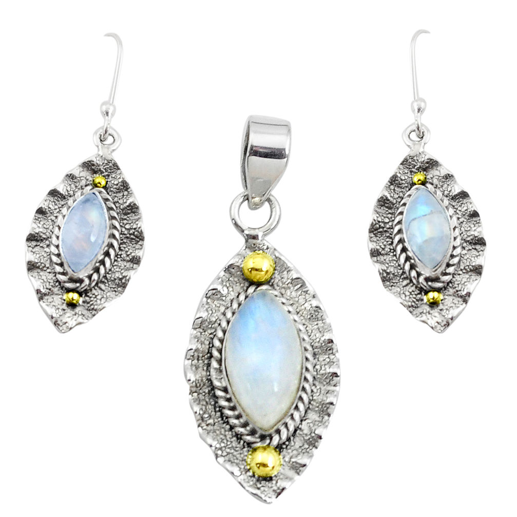 Victorian natural rainbow moonstone silver two tone pendant earrings set p44599