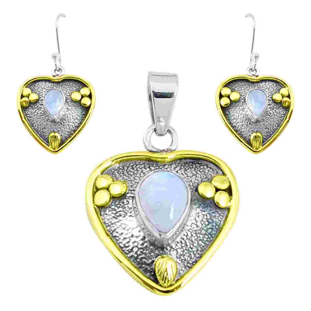 Victorian natural rainbow moonstone silver two tone pendant earrings set p44637