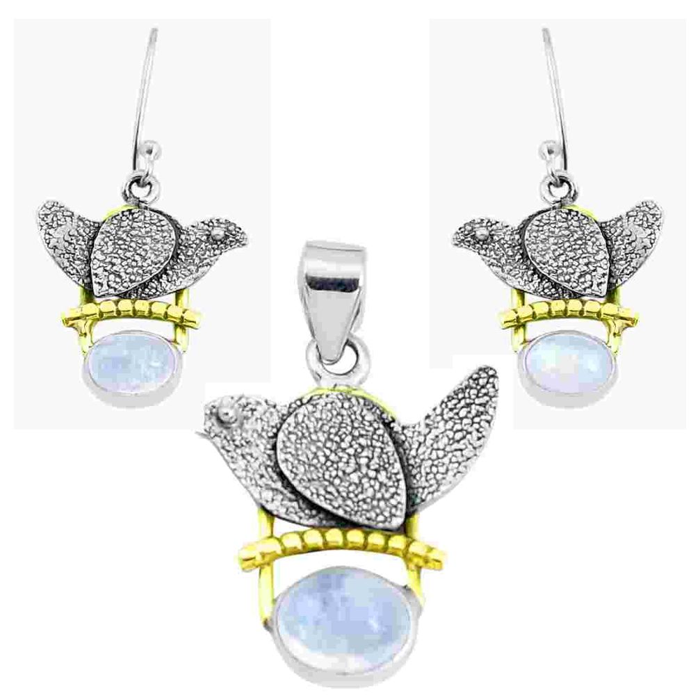 Victorian natural rainbow moonstone silver two tone pendant earrings set p44653