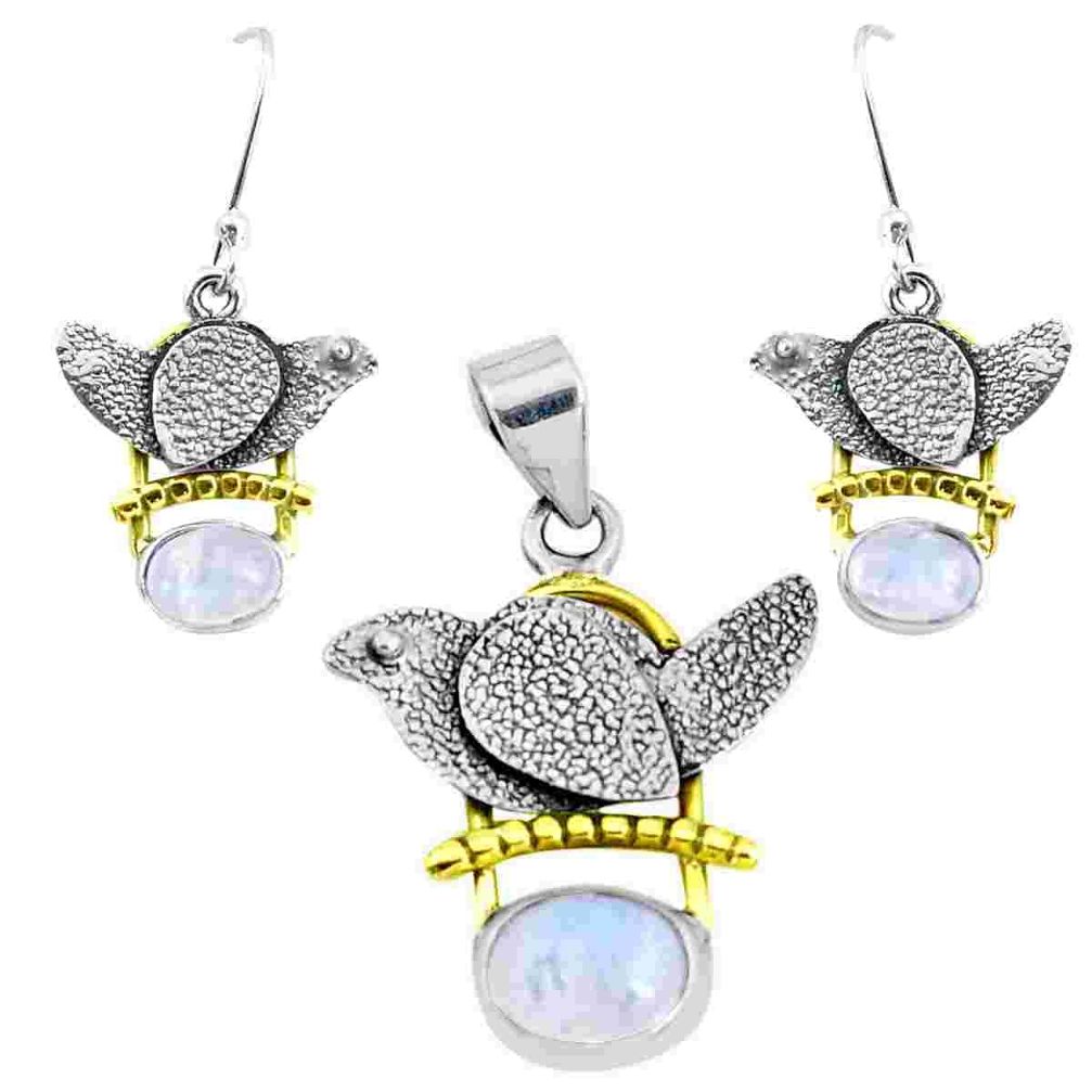 Victorian natural rainbow moonstone silver two tone pendant earrings set p44655