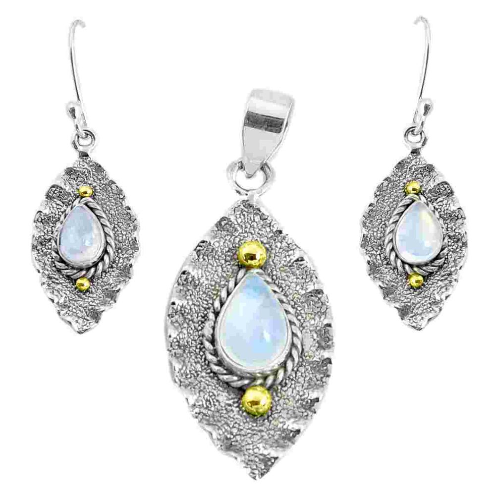 Victorian natural rainbow moonstone silver two tone pendant earrings set p44718