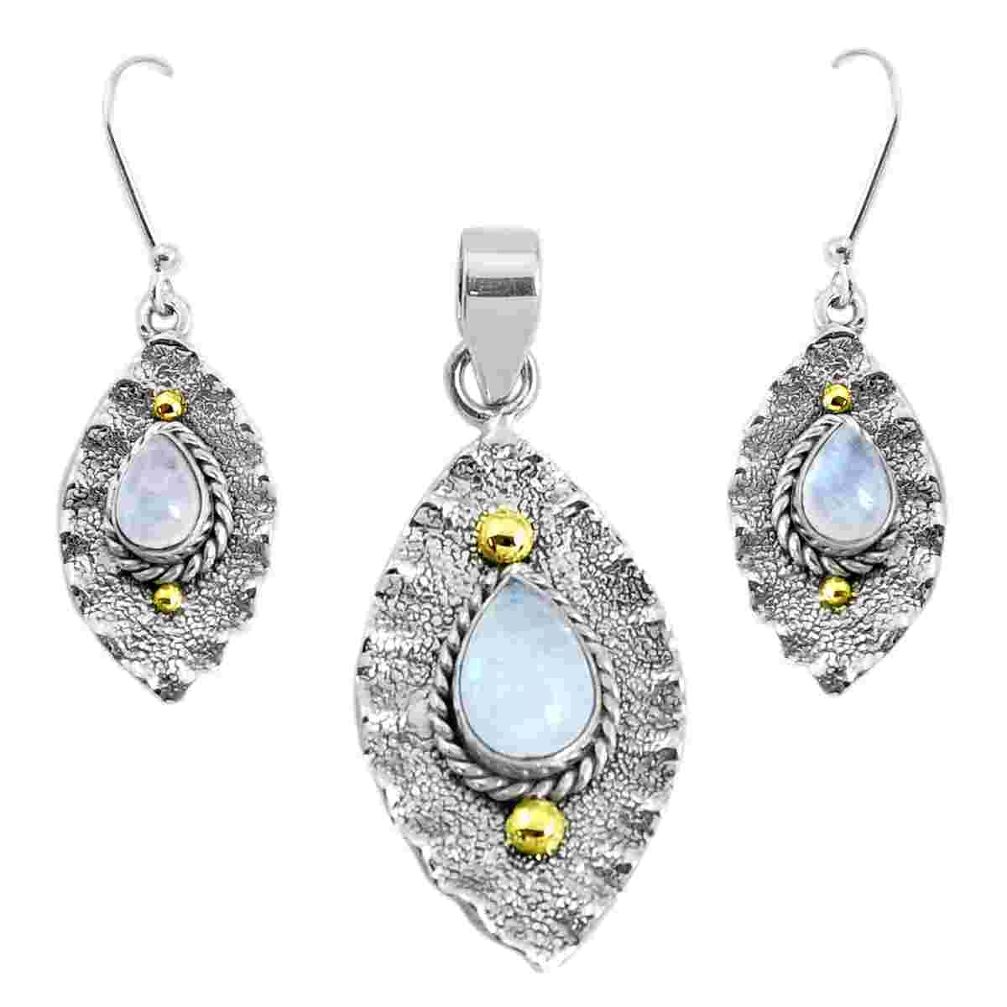 Victorian natural rainbow moonstone silver two tone pendant earrings set p44719