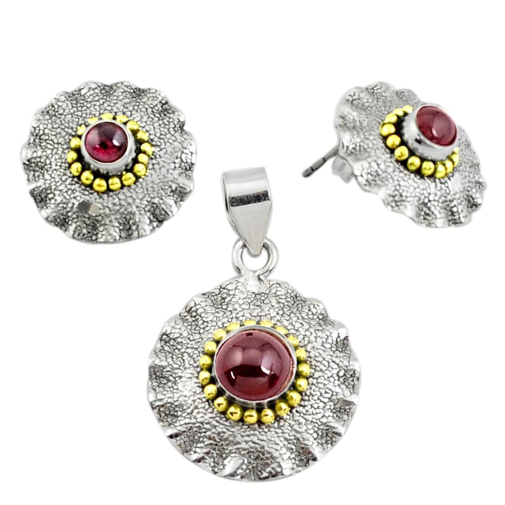 Victorian natural red garnet 925 silver two tone pendant earrings set p44584