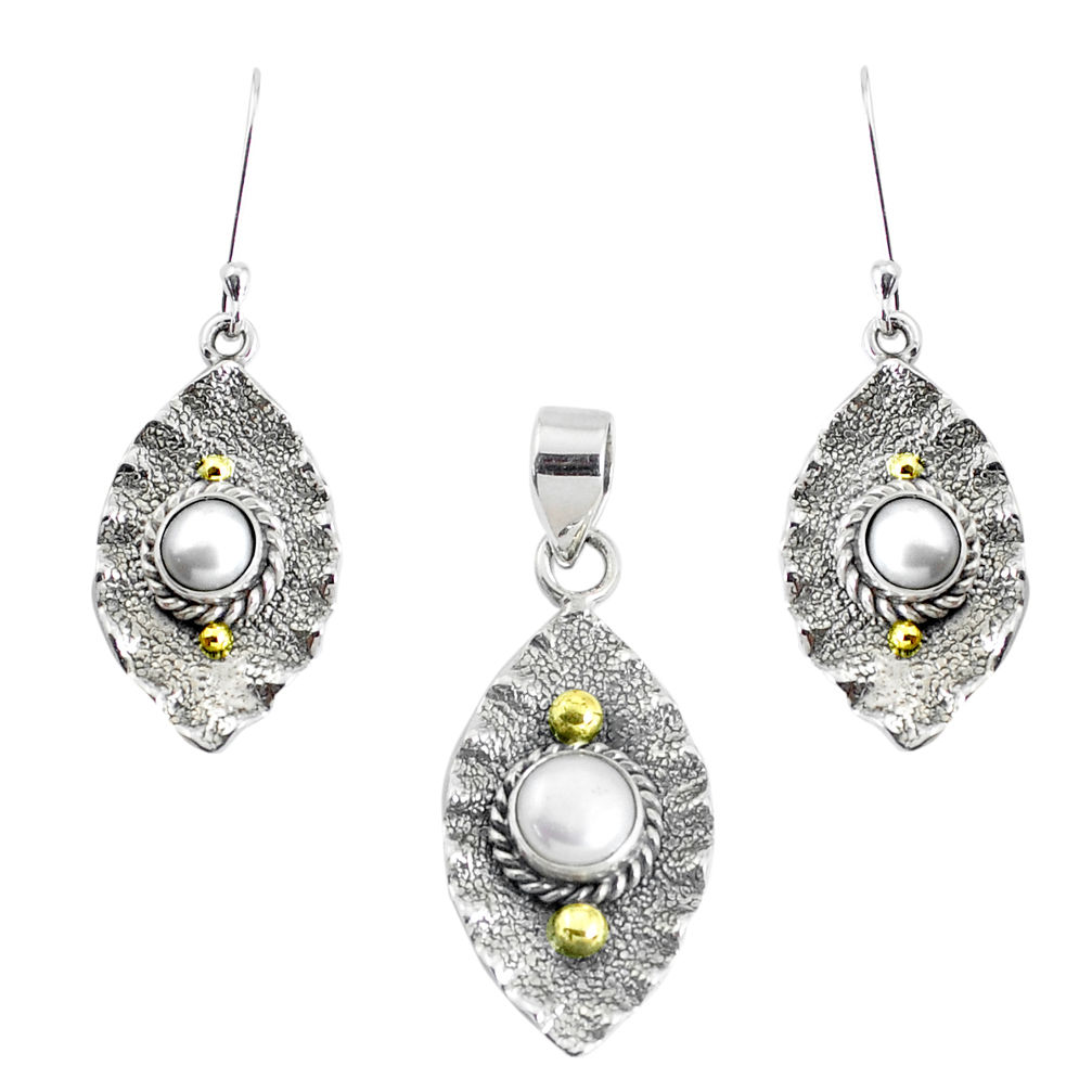 Victorian natural white pearl 925 silver two tone pendant earrings set p44605