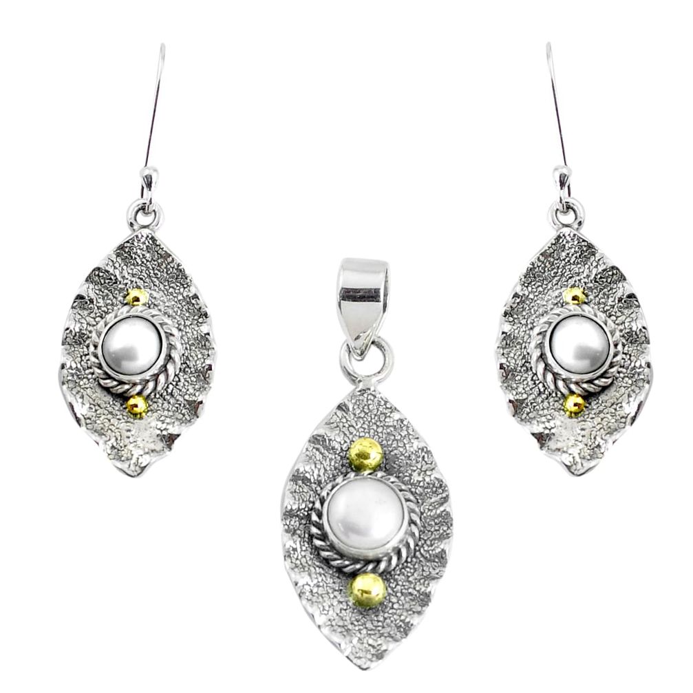 Victorian natural white pearl 925 silver two tone pendant earrings set p44606