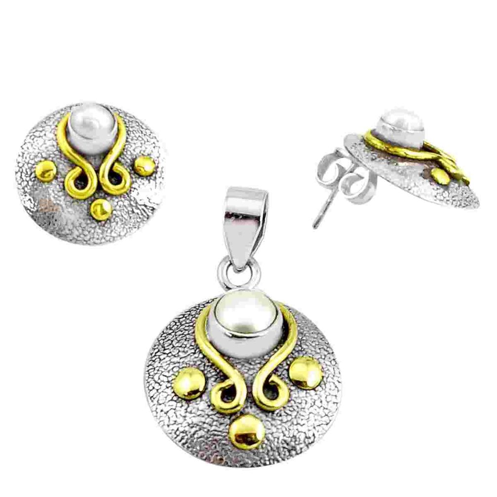 Victorian natural white pearl 925 silver two tone pendant earrings set p44670