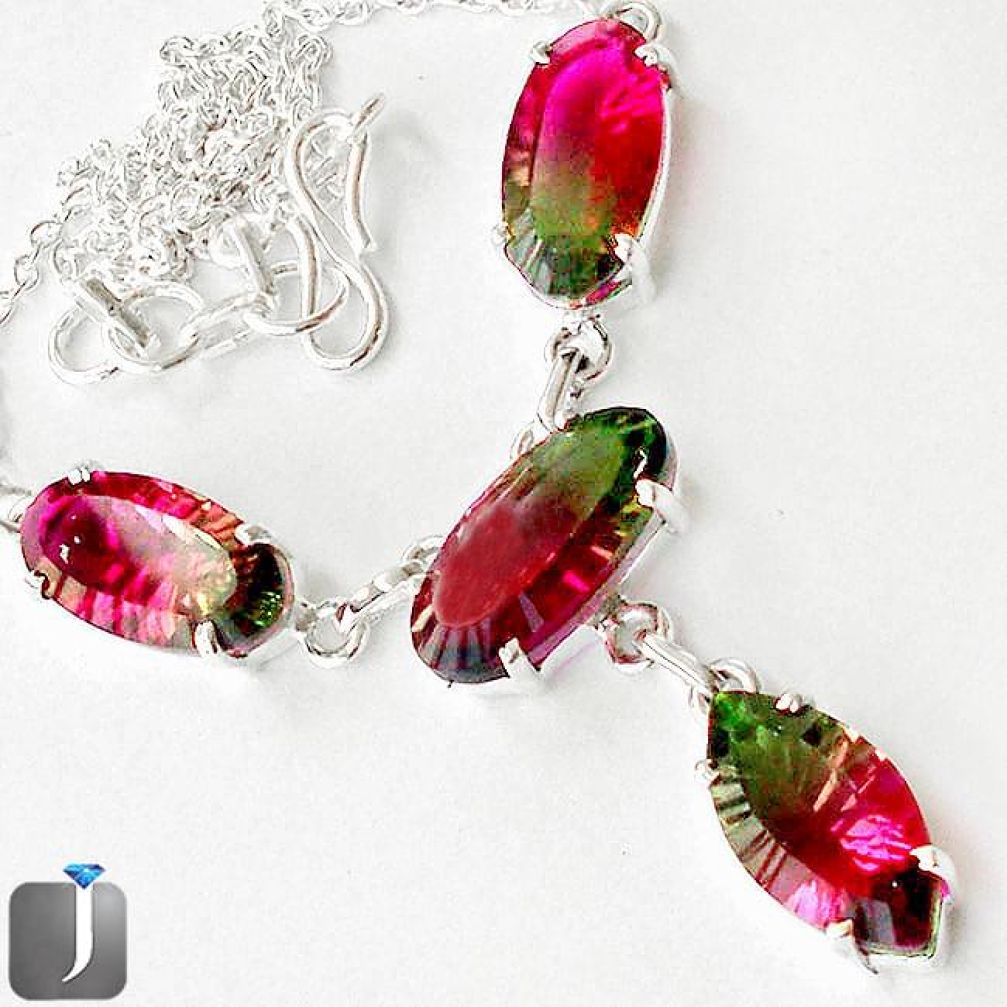 48.28cts WATERMELON TOURMALINE QUARTZ 925 SILVER EARRINGS NECKLACE SET E88800