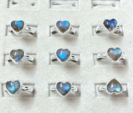 Wholesale lot of 9 Labradorite Heart shaped Rings in 925 Sterling silver (Ring Sizes 7,8,9)