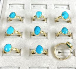 Wholesale lot of 9 Gold plated Arizona Turquoise faceted rings in 925 Sterling Silver (Ring Sizes- 6,7,8,9)