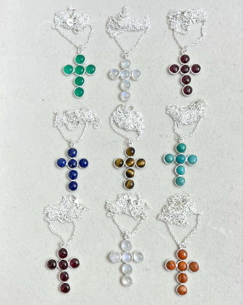 Wholesale lot of 9 Multicolor gemstone Cross Necklace in 925 Sterling Silver